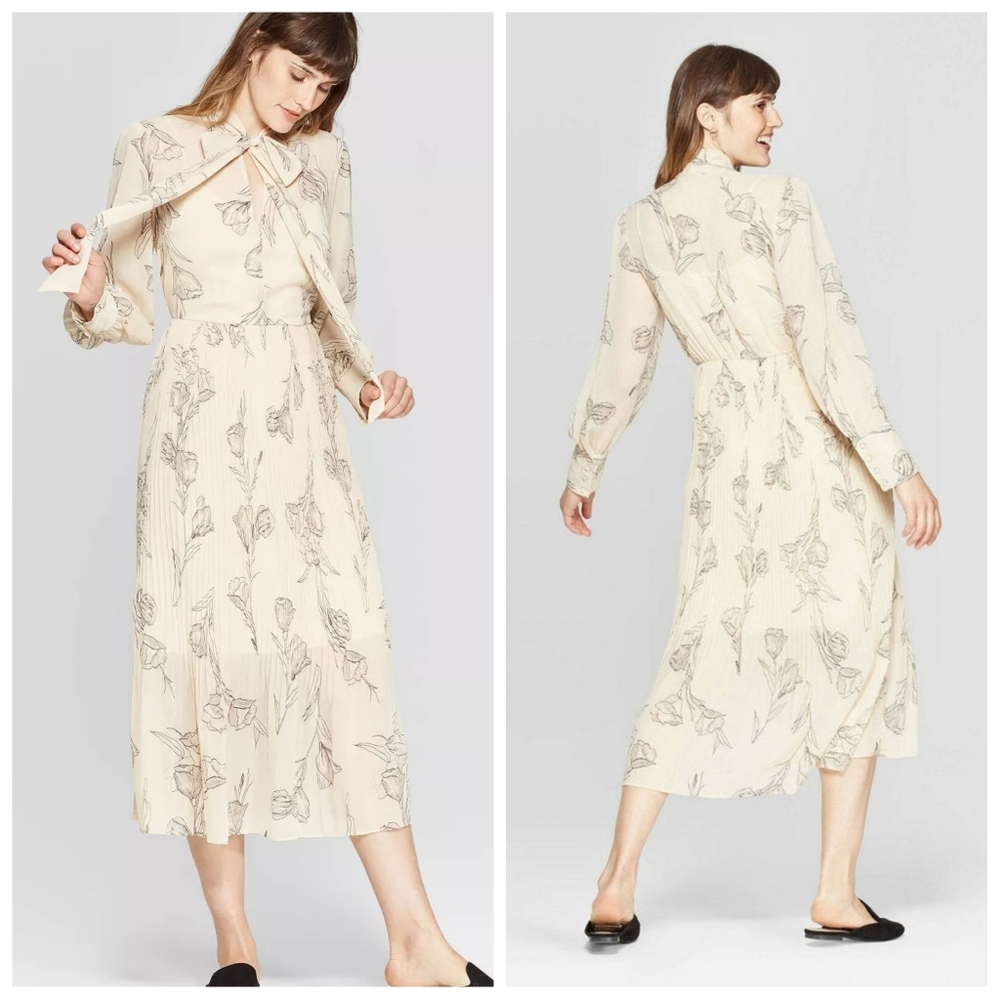 A New Day Women's Floral Print Long Sleeve High Neck Pleated Midi Dress | XXL
